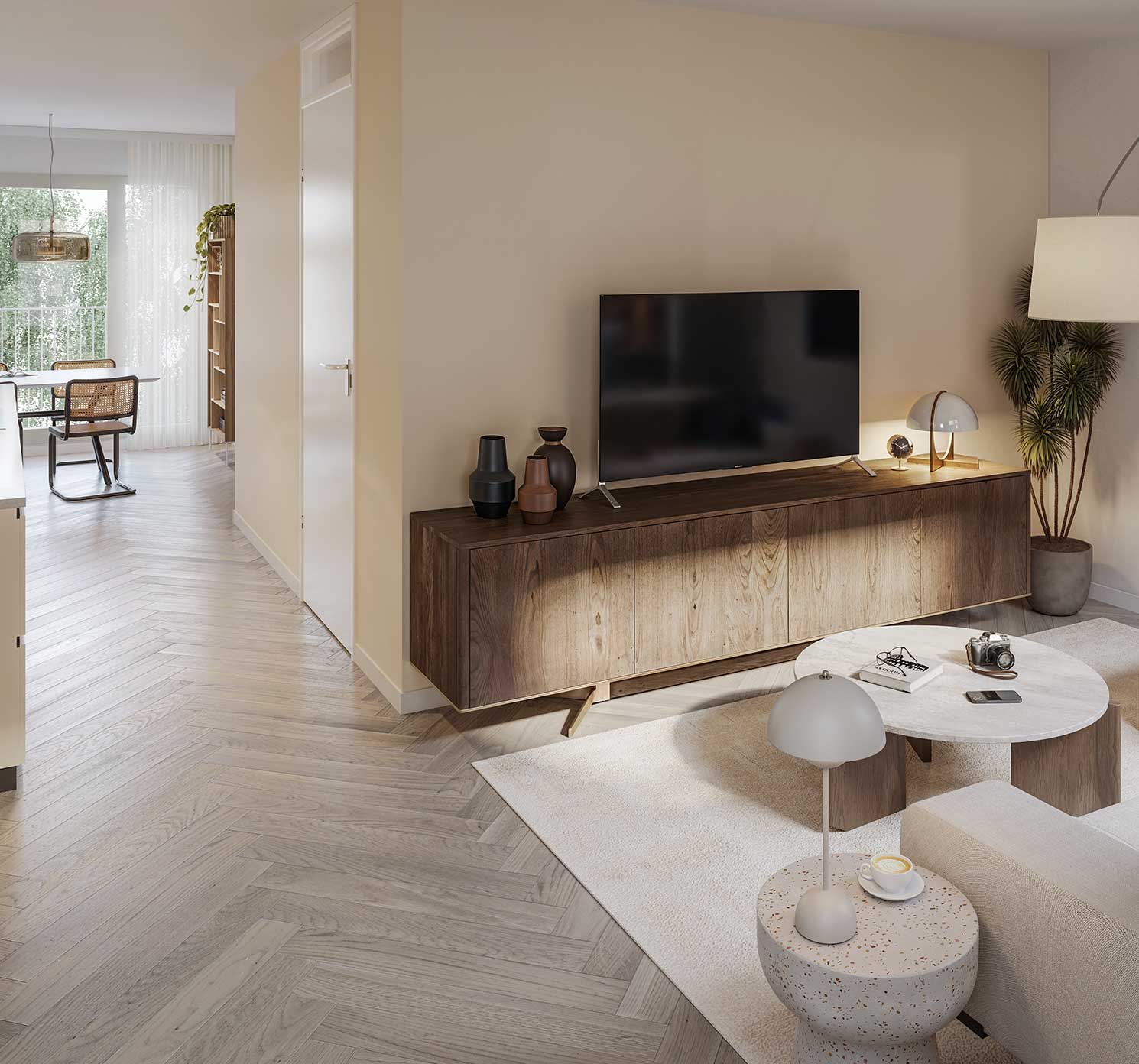 Impressie van een woonkamer met visgraatvloer