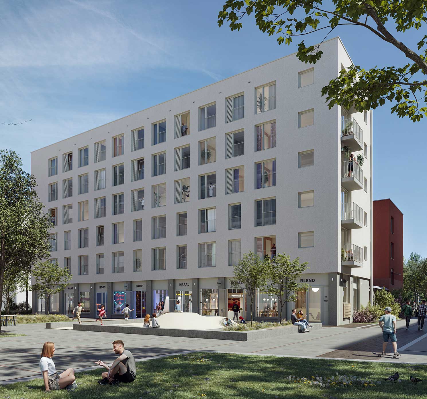 Impressie van het appartementengebouw aan een groen plein