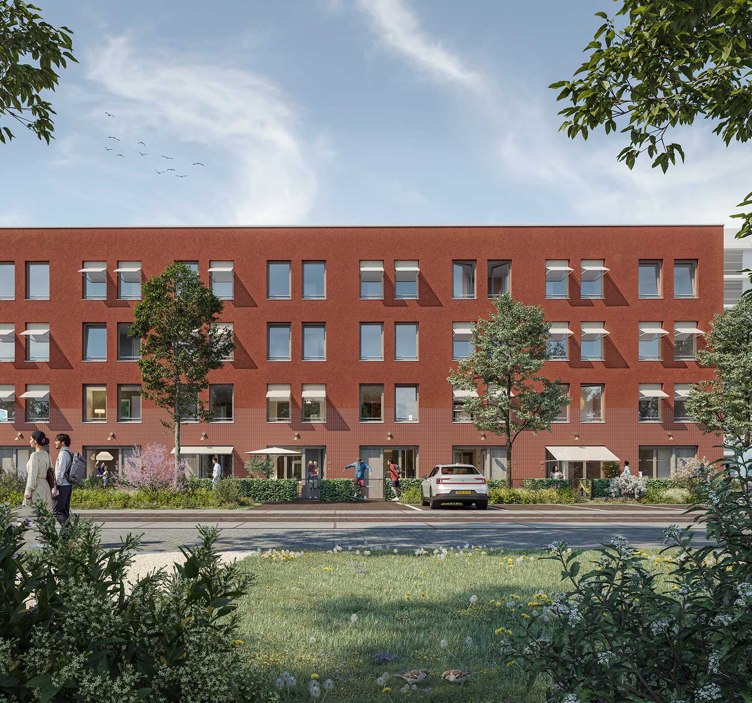 Impressie van de rij stadswoningen aan de straat, van voren