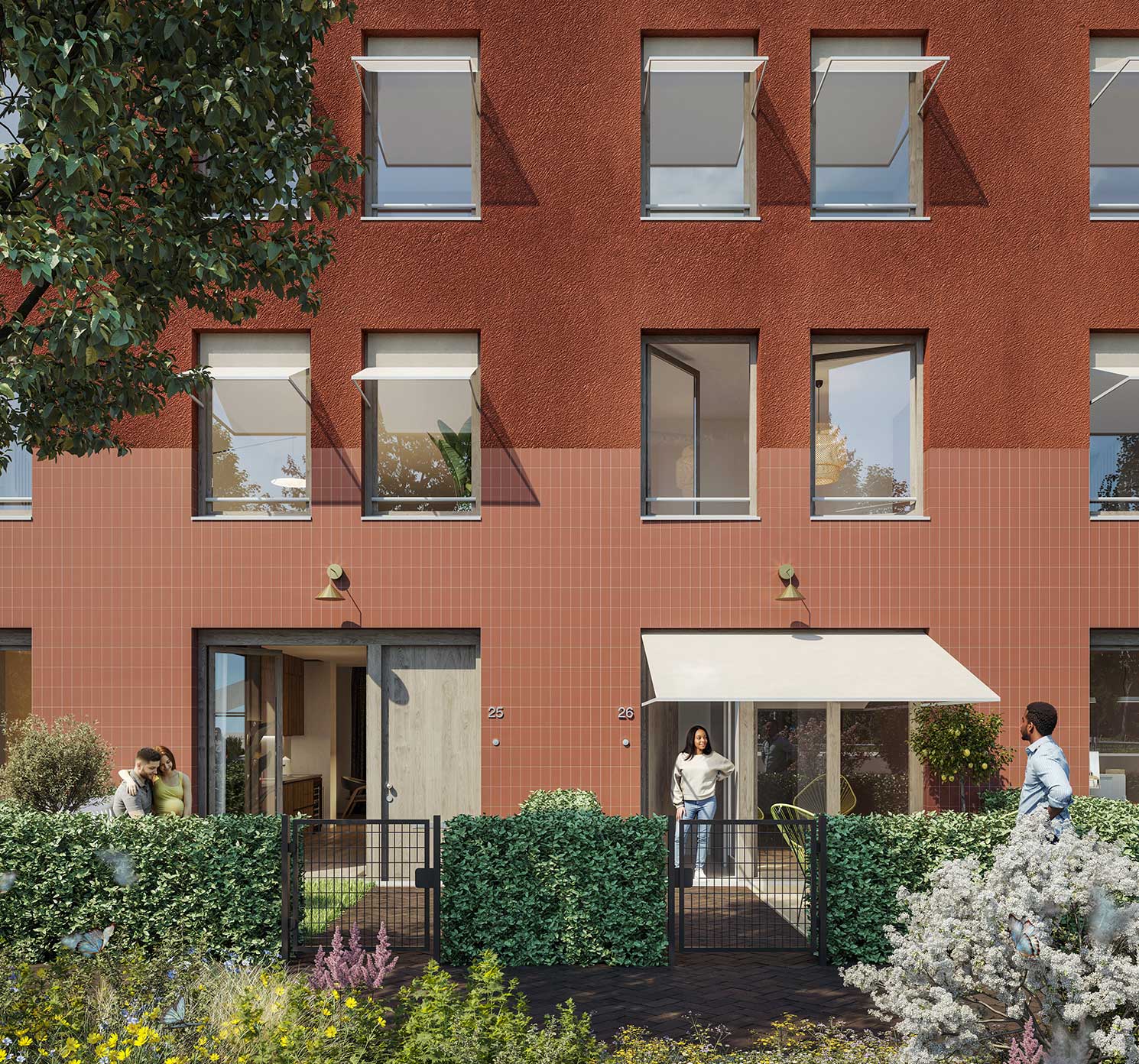 Impressie van de voordeur en voortuin van een stadswoning