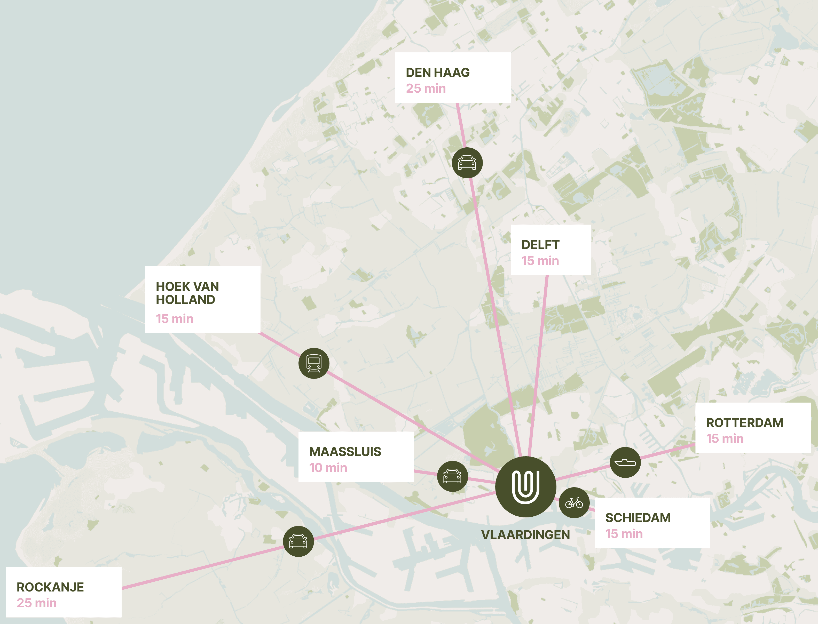 Locatiekaart: vanuit Vlaardingen ben je in 10 minuten in Maassluis, in 15 minuten in Rotterdam, Schiedam, Delft en Hoek van Holland en in 25 minuten in Den Haag en Rockanje