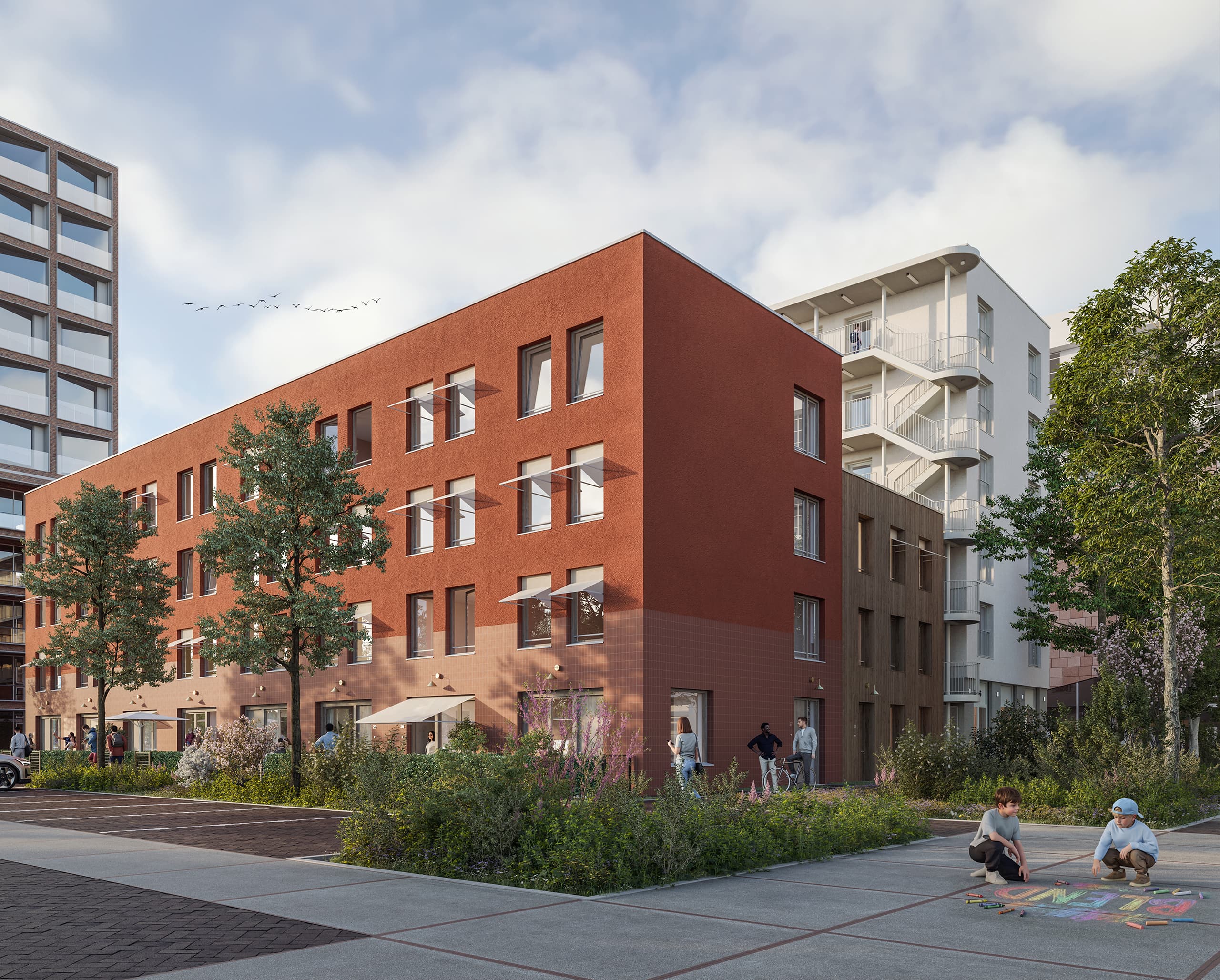 Impressie van Blend: rode bakstenen woningen met spelende kinderen op de stoep