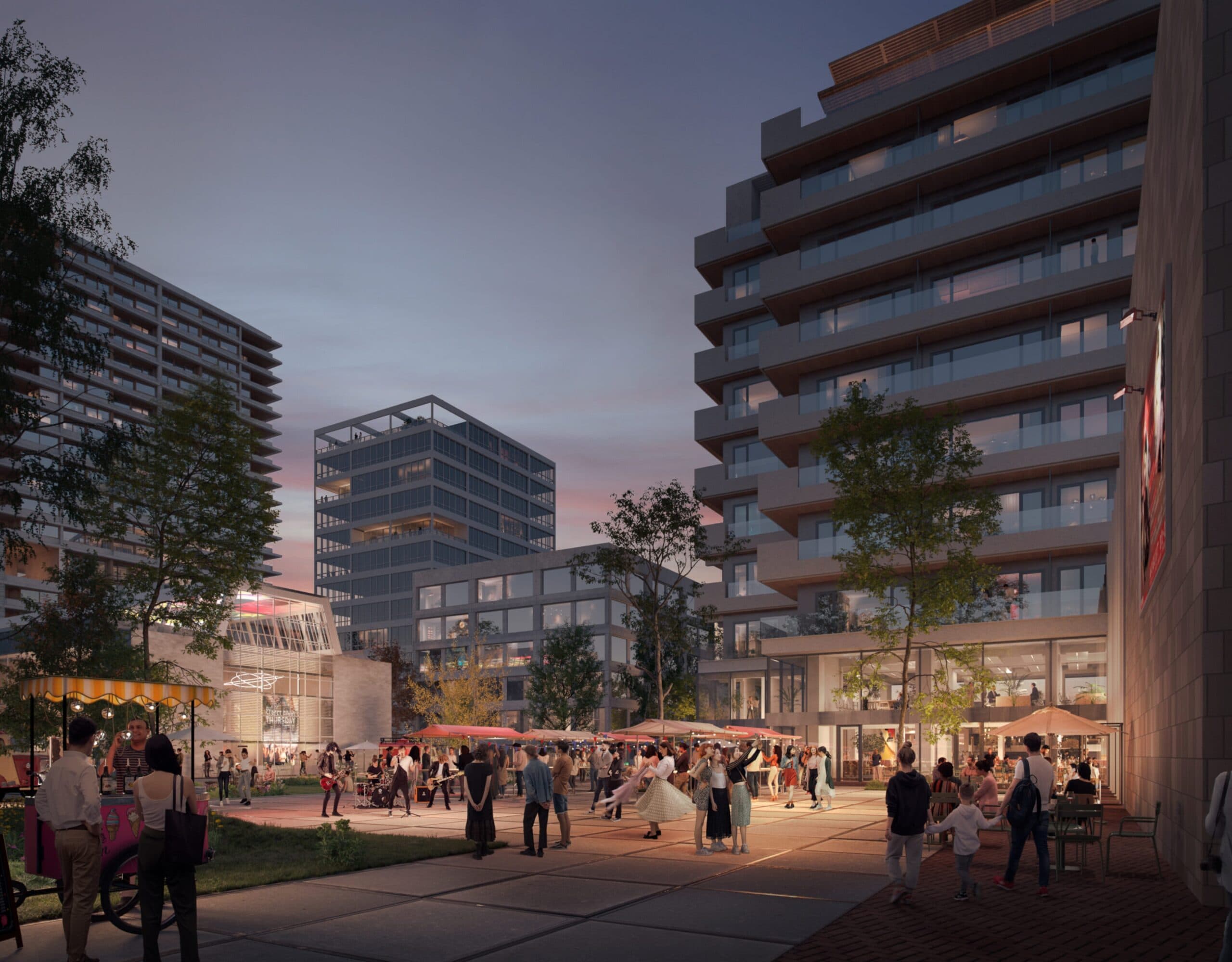 Impressie van een levendig plein in District U op een zomeravond