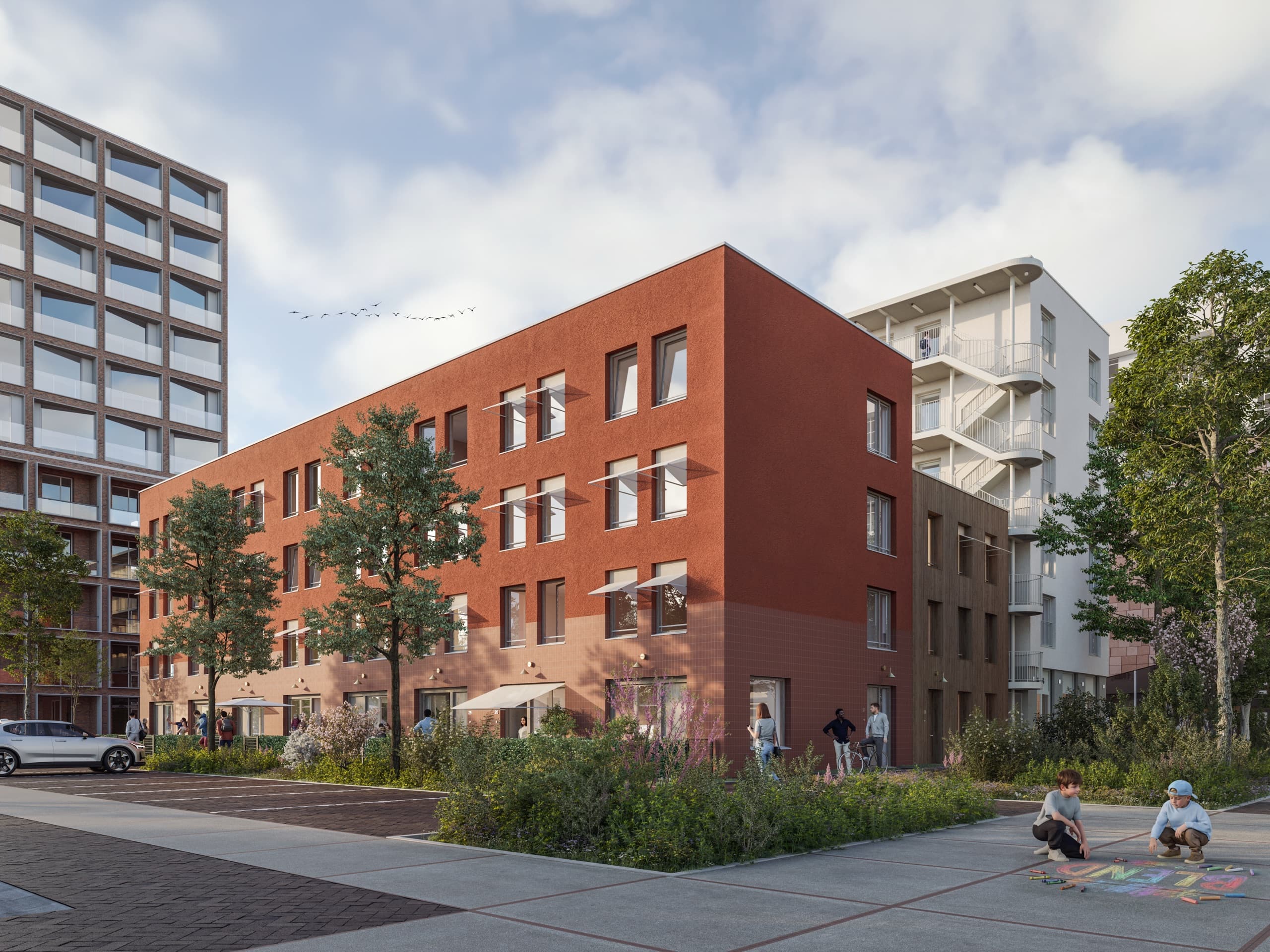 Impressie van Blend: het rode bakstenen appartementengebouw aan het groen