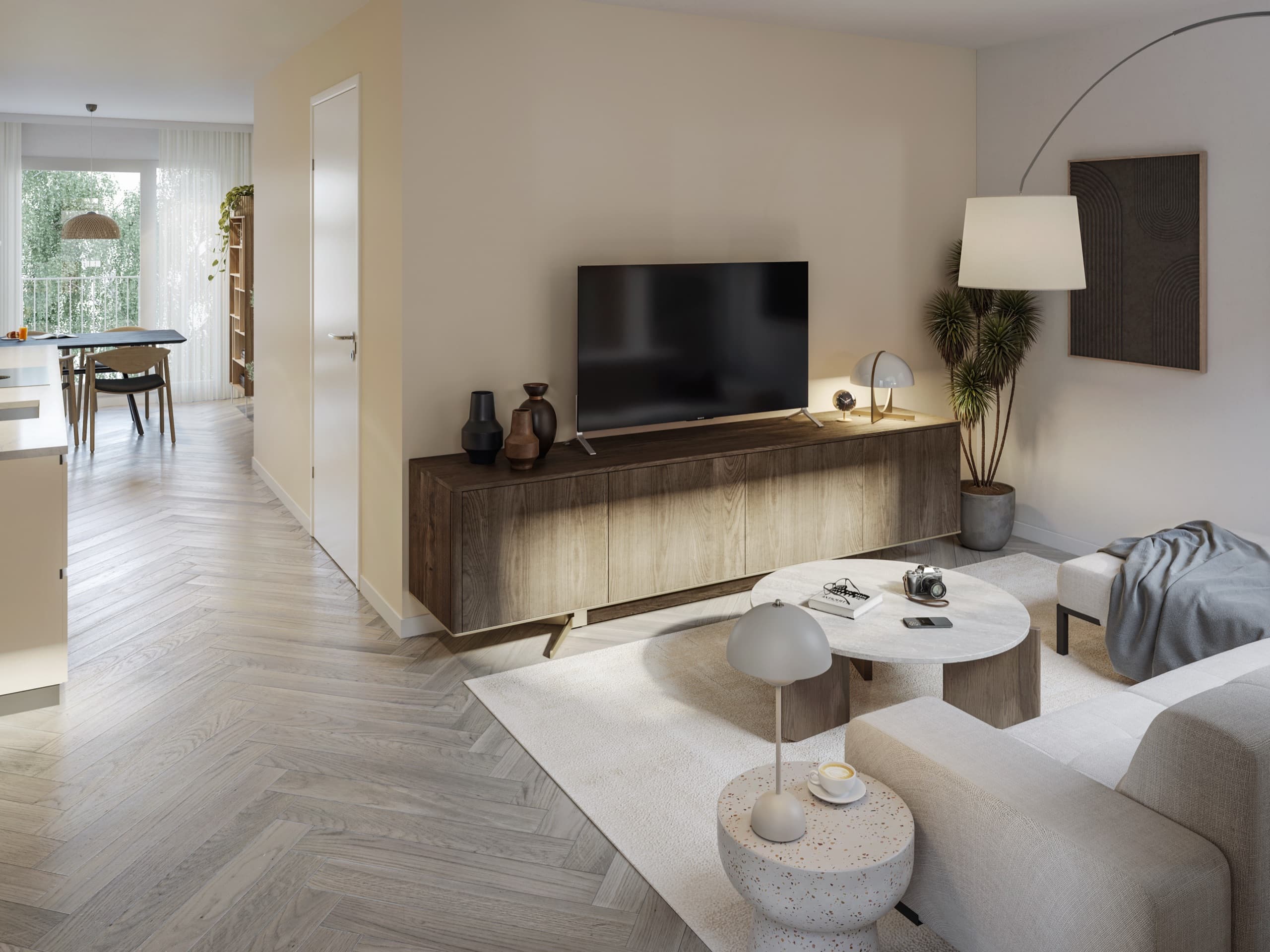 Impressie van een appartement: woonkamer met doorkijk naar de gang