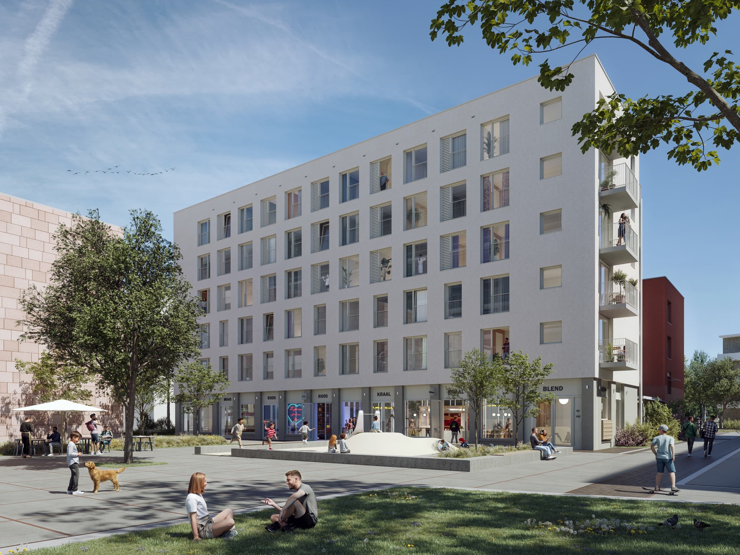 Het appartementengebouw van Blend aan het plein, met balkons aan de gevel